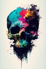 AI generated illustration of a brightly colored abstract human skull against a white background