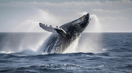AI generated illustration of a magnificent humpback whale captured in mid-air - obrazy, fototapety, plakaty