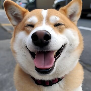 AI generated illustration of a cheerful shiba inu dog with its mouth open in a wide smile