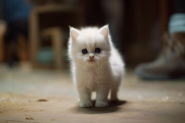 AI-generated illustration of a cute white kitten with blue eyes looking at the camera.