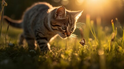AI-generated illustration of an adorable kitten playing with butterflies in a field.