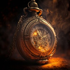 AI generated illustration of a large vintage clock on the background of smoke and flames