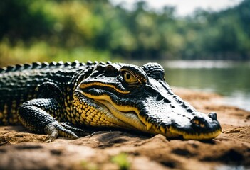 Obraz premium AI-generated illustration of an American Alligator on the ground with a blurry background