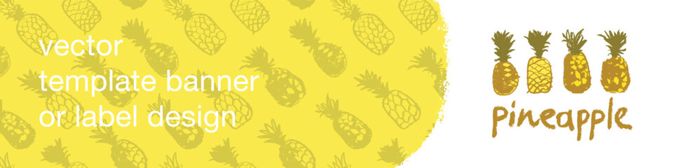 Template pineapple banner, pattern seamless, pineapples illustration, hand drawn vector exotic fruit for vegan banner, juice or jam label design. Natural ananas background for healthy food packaging.
