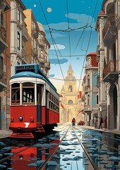 a painting of a red and white tram traveling through a city