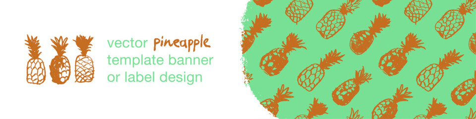 Template pineapple banner, pattern seamless, pineapples illustration, hand drawn vector exotic fruit for vegan banner, juice or jam label design. Natural ananas background for healthy food packaging.