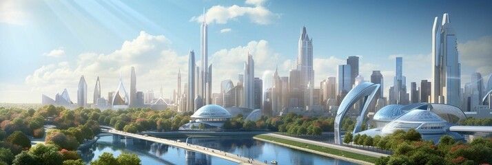 AI generated illustration of the futuristic skyline of Wichita Kansas in the year 2050 - obrazy, fototapety, plakaty