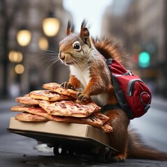 AI generated illustration of a red squirrel with a small backpack atop a pizza box