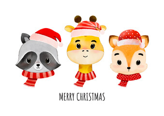 Merry Christmas with Hand drawn Watercolor Cute Animals Head wearing Santa Hat Vector
