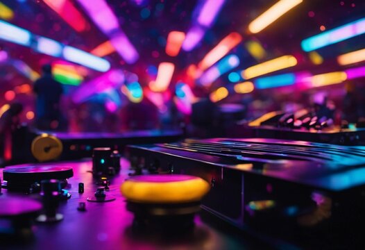 AI generated illustration of a professional DJ set-up in a nightclub atmosphere