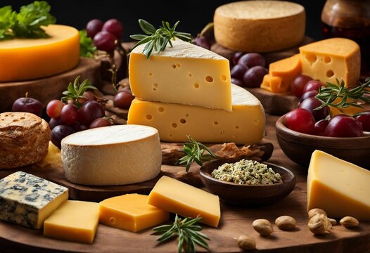AI generated illustration of a collection of various cheese on a wooden table
