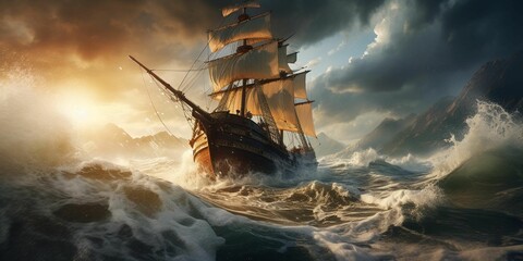 a ship is in rough waters near land under a dark sky - obrazy, fototapety, plakaty