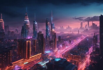 Fototapeta na wymiar Urban skyline illuminated by a vibrant neon glow, AI-generated.