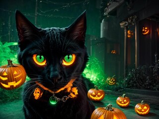 AI generated illustration of a black cat with pumpkins for Halloween
