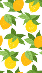 Vector seamless texture with yellow lemons with foliage on white background. Flat hand drawn texture with sour fruits. Summer background
