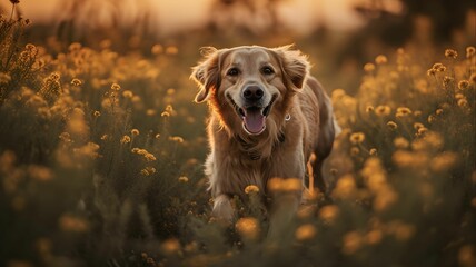 AI generated Golden retriever running in field with blooming flowers