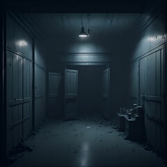 AI generated illustration of an empty hallway in a dimly-lit room with open doors