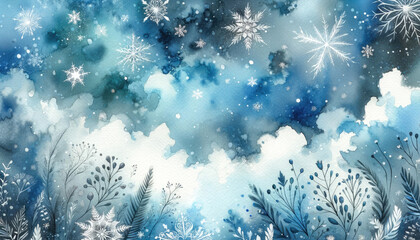 Abstract blue watercolor winter background with snowflakes. Generative ai.