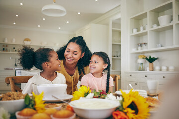 Happy, mother and children at table for breakfast, lunch and eating meal at home together. Family,...