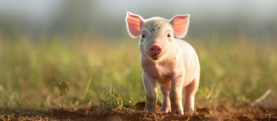 Cute small piglet covered in dirt with a pink hue standing on grassy land during a sunny day in Cuba