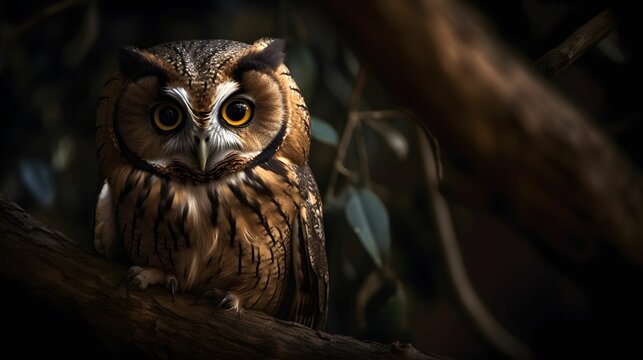 AI generated illustration of An  owl perched atop a leafy branch in a natural environment,