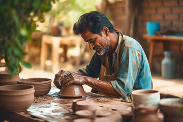 Fototapeta na wymiar Indian potter making clay pot at home