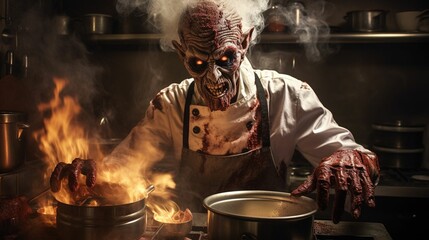 AI generated illustration of a surreal demon chef, amidst gory ingredients and eerie smoke - obrazy, fototapety, plakaty