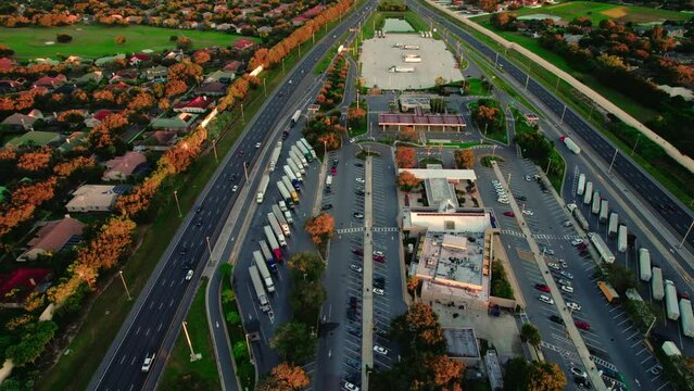incredible aerial of Turkey Lake Service Plaza truck stop, Orlando, Florida USA. Amazing sunset