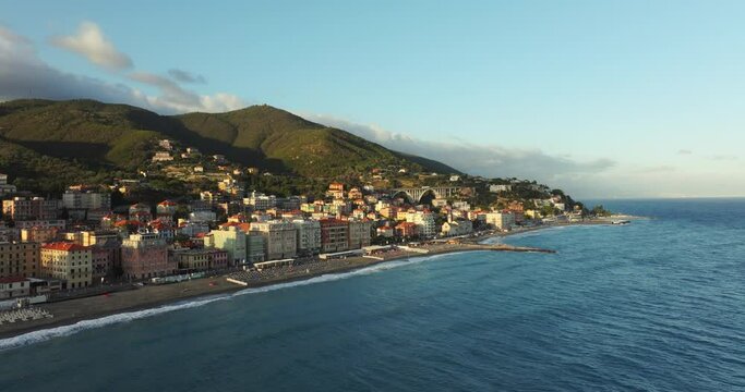 Aerial panoramic view of Varazze cityscape and bridge in Italy. Aerial drone view