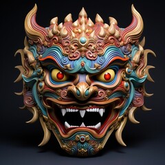 Eerie full-face Akuma Devil mask with gemstones, AI-generated.