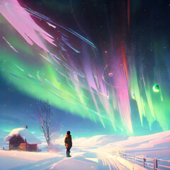 person walking on the aurora borealis