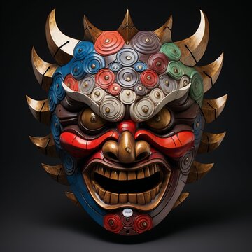 Akuma's Gaze: Eldritch Scaled Devil Mask with Gemstones, Wood, and Metal. AI generated digital art.