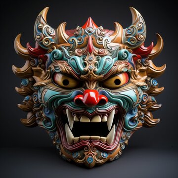 Eerie full-face Akuma Devil mask with gemstones, AI-generated.