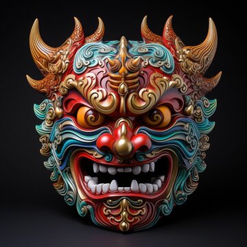 Eerie full-face Akuma Devil mask with gemstones, AI-generated.