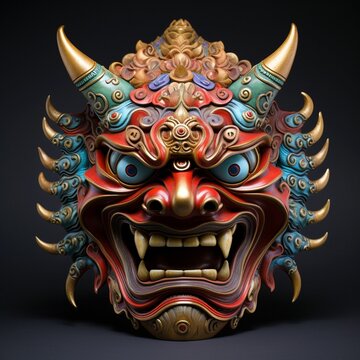 Eerie full-face Akuma Devil mask with gemstones, AI-generated.