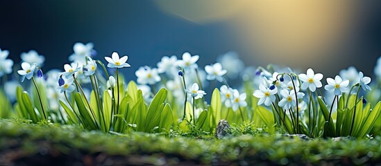Green grass with tiny flowers in shades of white and blue