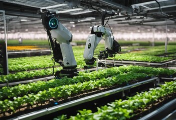 AI generated illustration of a robot amidst a field of lush vegetation in an industrial greenhouse - obrazy, fototapety, plakaty