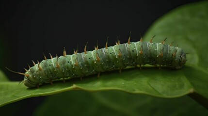 Fototapeta premium AI generated illustration of a vibrant green caterpillar perched atop a lush leaf