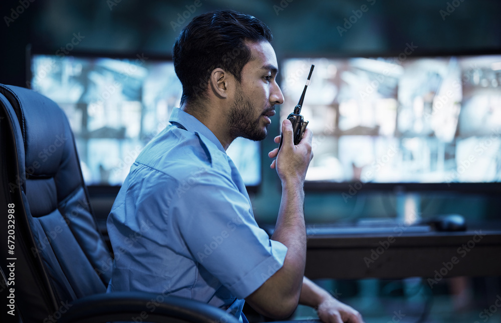 Poster security guard in control room, man with radio and screen to check cctv in virtual office for alarm.