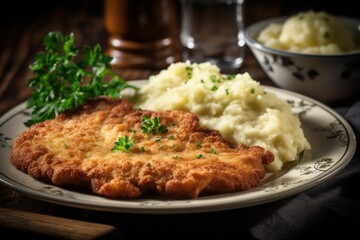 AI-generated illustration of schnitzel with puree.