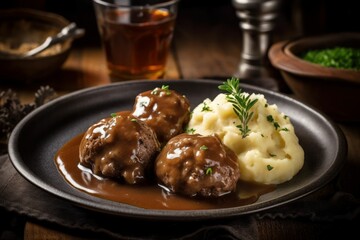 AI-generated illustration of a plate of meatballs and puree with a delicious sauce. - obrazy, fototapety, plakaty
