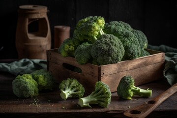 AI-generated illustration of fresh broccoli arranged in a wooden box on a rustic wooden table.