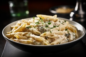 AI-generated illustration of delicious penne pasta with creamy sauce and cheese. - obrazy, fototapety, plakaty