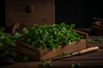 AI generated illustration of a wooden crate filled with fresh spinach