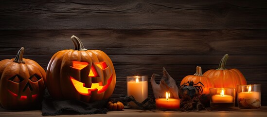 Getting ready for Halloween carving a pumpkin with a spooky face placing candles inside on a backdrop of rustic wood
