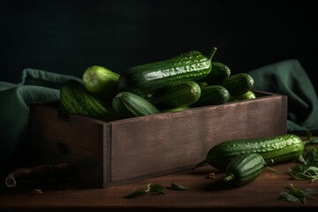 AI generated illustration of fresh cucumbers in a wooden box