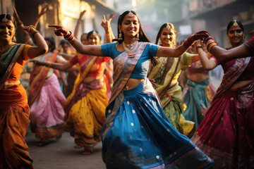 Fototapeta na wymiar Young indian woman in traditional saree and get dancing