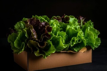 AI generated illustration of a cardboard box filled with fresh lettuce - obrazy, fototapety, plakaty