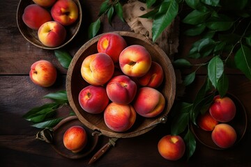 AI generated illustration of fresh ripe peaches on a wooden table