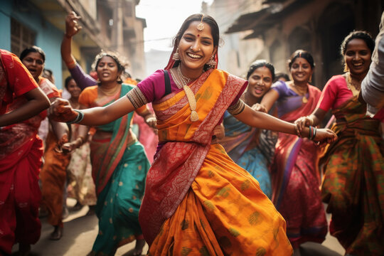 Young indian woman in traditional saree and get dancing